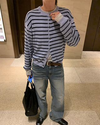 Striped round neck cardigan