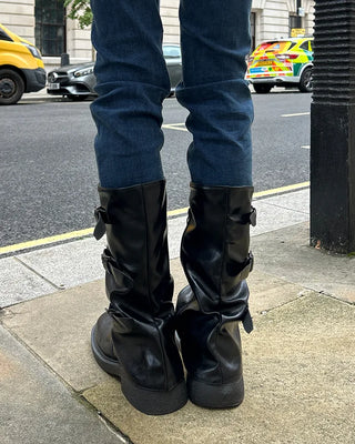 Square-toe triple-strap mid-calf boots