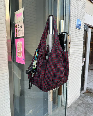 Tartan check one-shoulder hobo bag