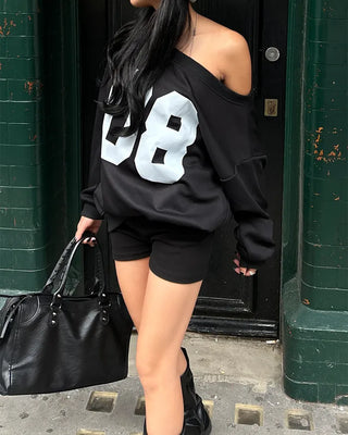 2-Way Shoulder Number Balloon Sleeve Sweatshirt