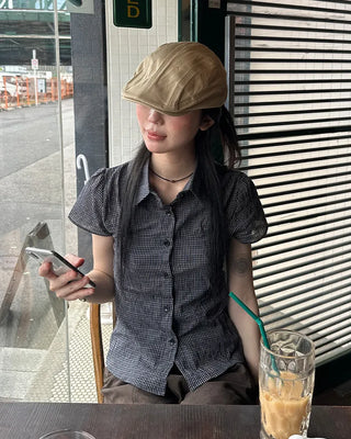 Checked Shirring Short-Sleeve Shirt