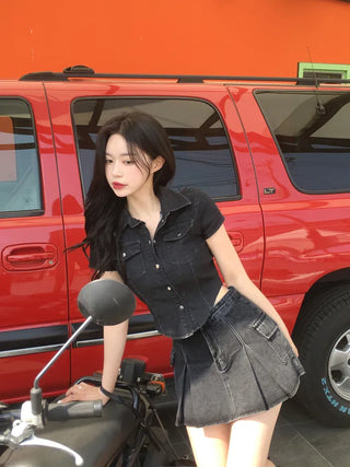 Denim cropped short-sleeved shirt (3 colors)