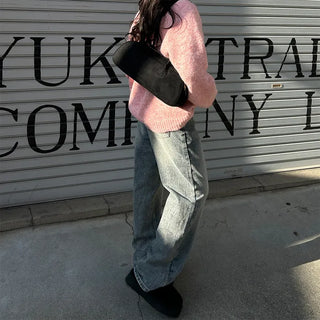 Washed straight denim pants