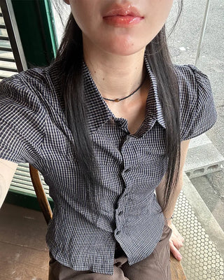 Checked Shirring Short-Sleeve Shirt