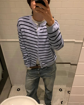 Striped round neck cardigan
