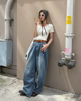 Side-tuck wide denim pants