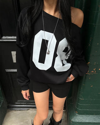 2-Way Shoulder Number Balloon Sleeve Sweatshirt