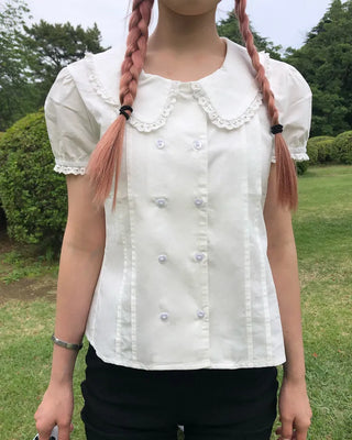 [6th Re-release] (ORIGINAL) Heart Button Lace Puff Blouse