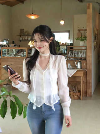 [2pcs] See-through Tie Blouse Set