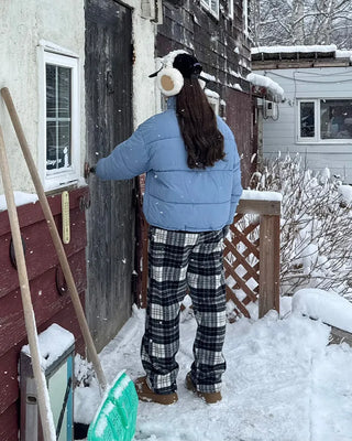 Fleece-lined check pattern elastic waist pants