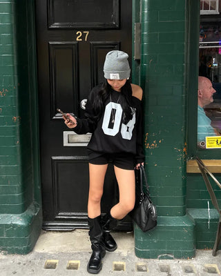 2-Way Shoulder Number Balloon Sleeve Sweatshirt