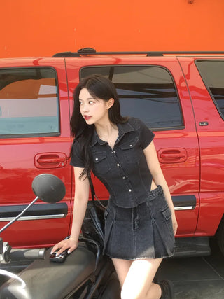 Denim cropped short-sleeved shirt (3 colors)
