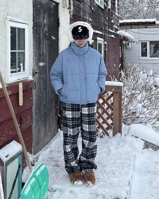 Fleece-lined check pattern elastic waist pants