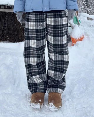 Fleece-lined check pattern elastic waist pants