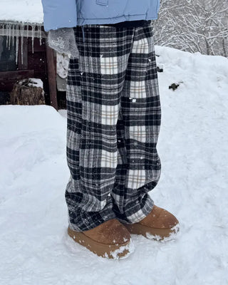 Fleece-lined check pattern elastic waist pants
