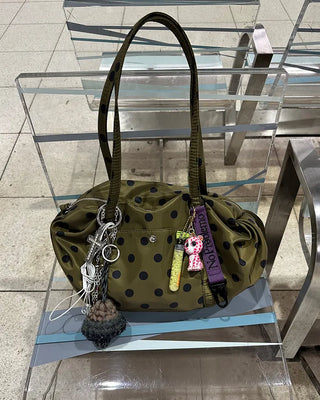 Outer pocket side gathered polka dot Boston bag