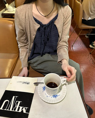 Checked shirred sleeveless blouse