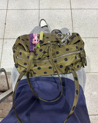 Outer pocket side gathered polka dot Boston bag
