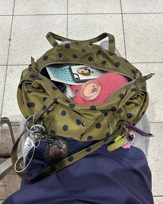 Outer pocket side gathered polka dot Boston bag