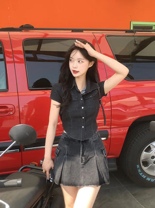 Denim cropped short-sleeved shirt (3 colors)