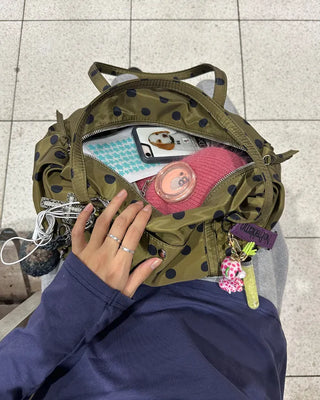 Outer pocket side gathered polka dot Boston bag