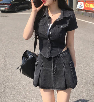 Denim cropped short-sleeved shirt (3 colors)