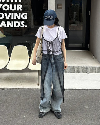 See-through ribbon camisole long dress