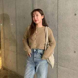 Round neck waffle cardigan