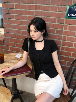 Slim Tie Short-Sleeve Cardigan Set