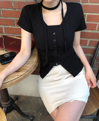Slim Tie Short-Sleeve Cardigan Set