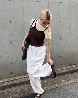 See-through off-shoulder cap t-shirt