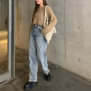 Round neck waffle cardigan