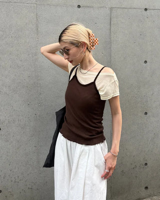 See-through off-shoulder cap t-shirt