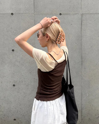 See-through off-shoulder cap t-shirt