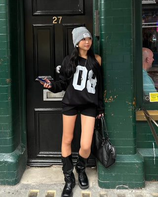 2-Way Shoulder Number Balloon Sleeve Sweatshirt