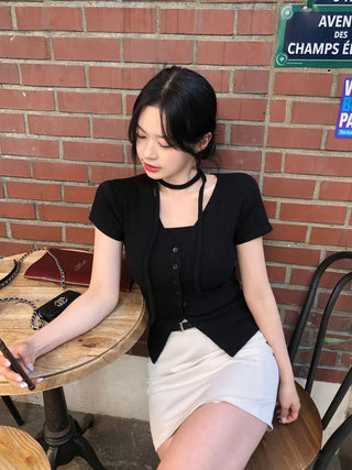Slim Tie Short-Sleeve Cardigan Set