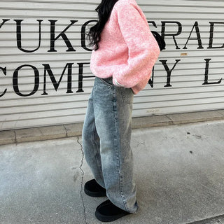 Washed straight denim pants