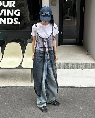 See-through ribbon camisole long dress