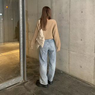 Round neck waffle cardigan
