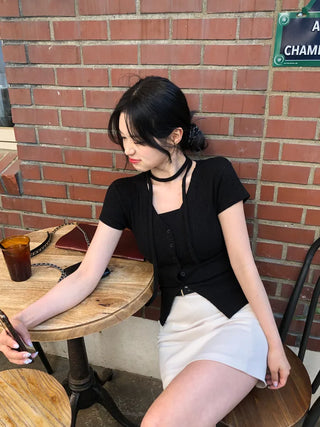 Slim Tie Short-Sleeve Cardigan Set