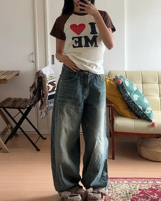 Whiskered Wash Baggy Jeans