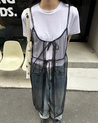 See-through ribbon camisole long dress