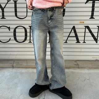 Washed straight denim pants