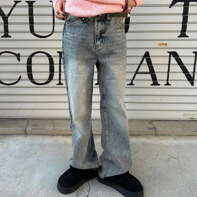 Washed straight denim pants
