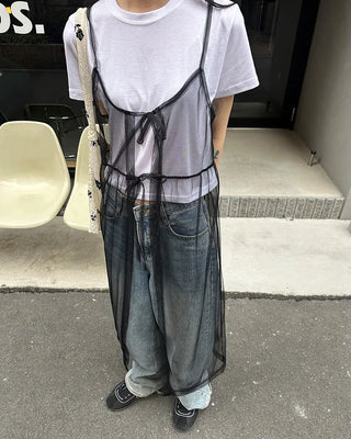See-through ribbon camisole long dress