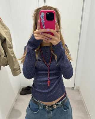 Flower Henley Neck Pointelle Long T-Shirt
