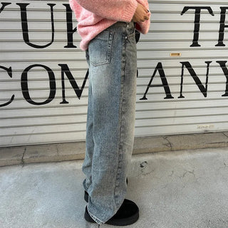 Washed straight denim pants