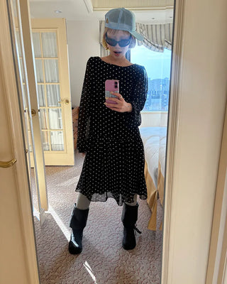Bateau neckline polka dot yoke gathered chiffon dress