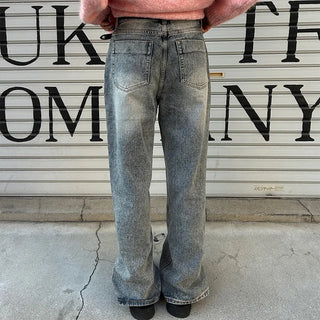 Washed straight denim pants