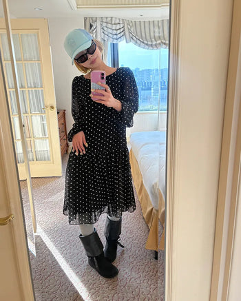 Bateau neckline polka dot yoke gathered chiffon dress
